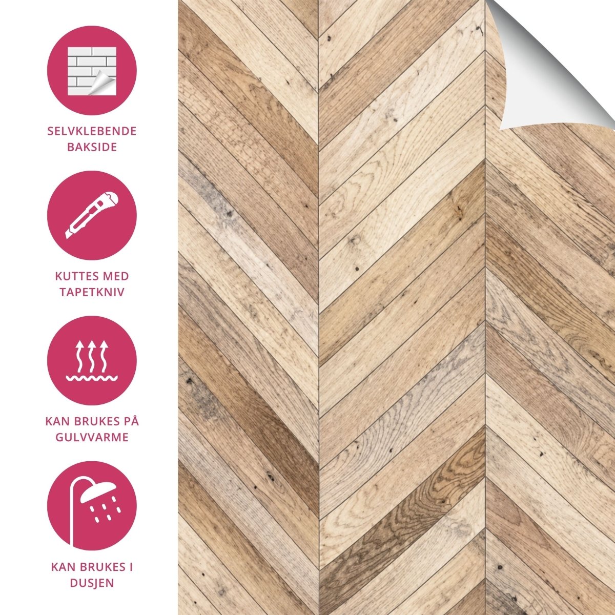 8 - pk Wooden Harmony selvklebende fliser lys eik fiskebein 40 x 40 cm - Lindas Dekor