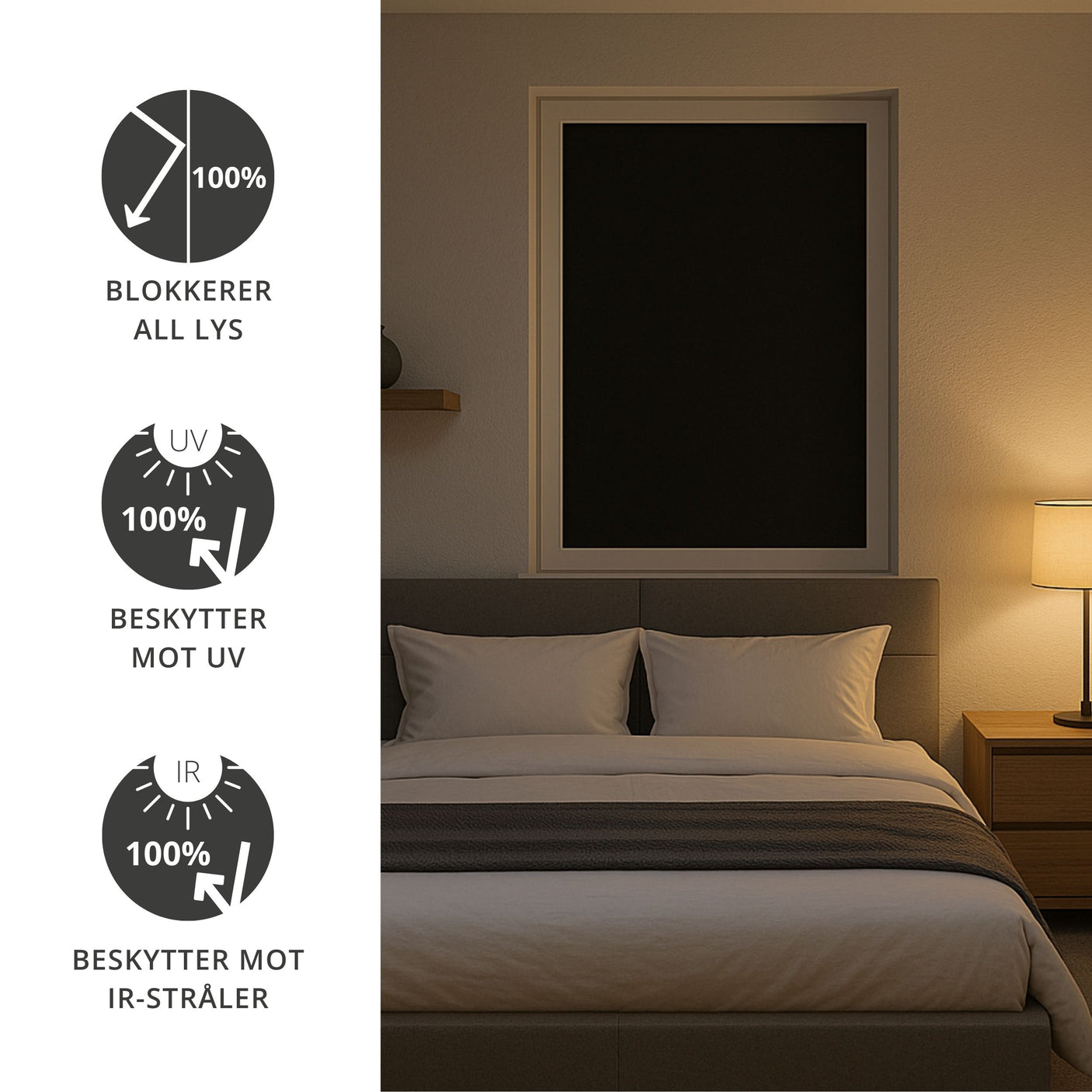 Blackout vindusfolie montert på soveromsvindu – blokkerer 100 % lys, beskytter mot UV- og IR-stråler for bedre inneklima og total mørklegging.
