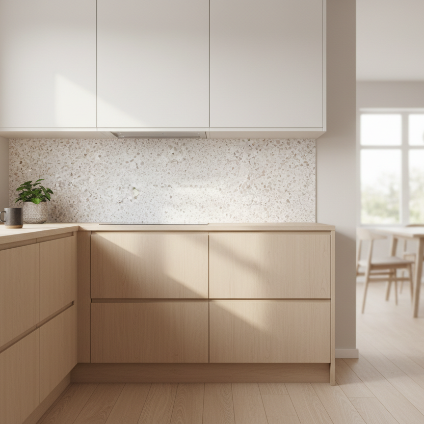 Premium Granitt kontaktplast brukt i lyst baderom, steinlook på møbelfront som gir rolig uttrykk