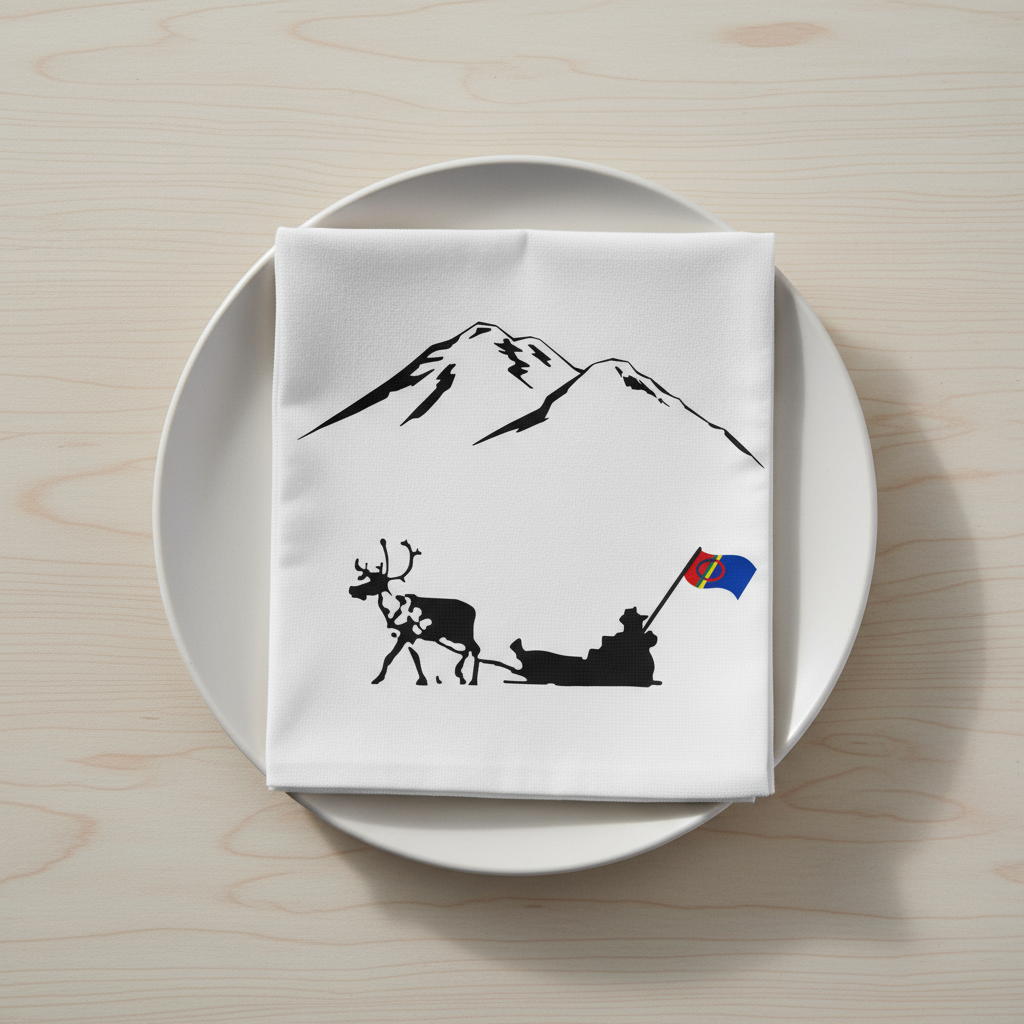 Lunsjserviett med nordnorsk motiv i hvitt og sort