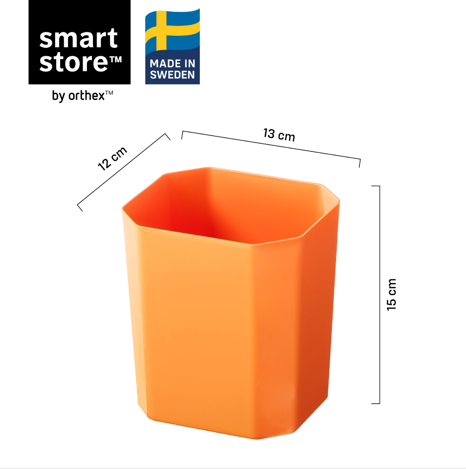 Orange sekskantet innsatsboks til SmartStore oppbevaringssystem med mål og dimensjoner vist