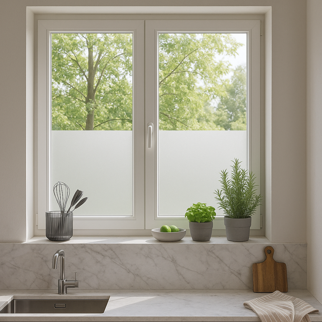 Frostet vindusfolie på kjøkkenvindu – slipper inn lys, men skjermer for innsyn.