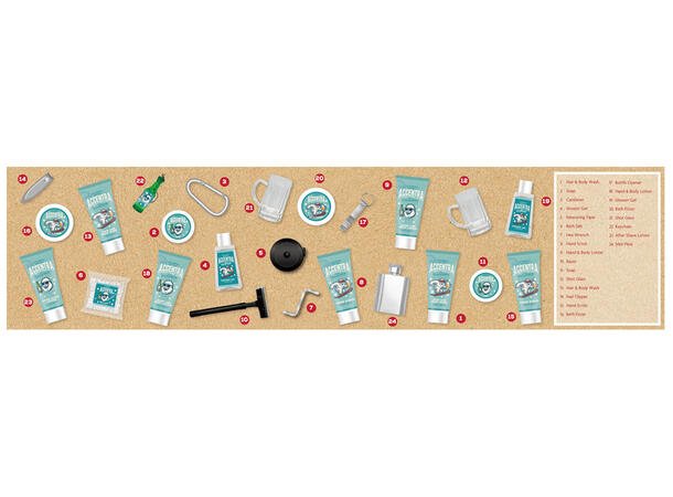 Oversigt over de 24 åbninger i adventskalenderen med øl-tema, illustrationer af groomingprodukter og julemotiver.
