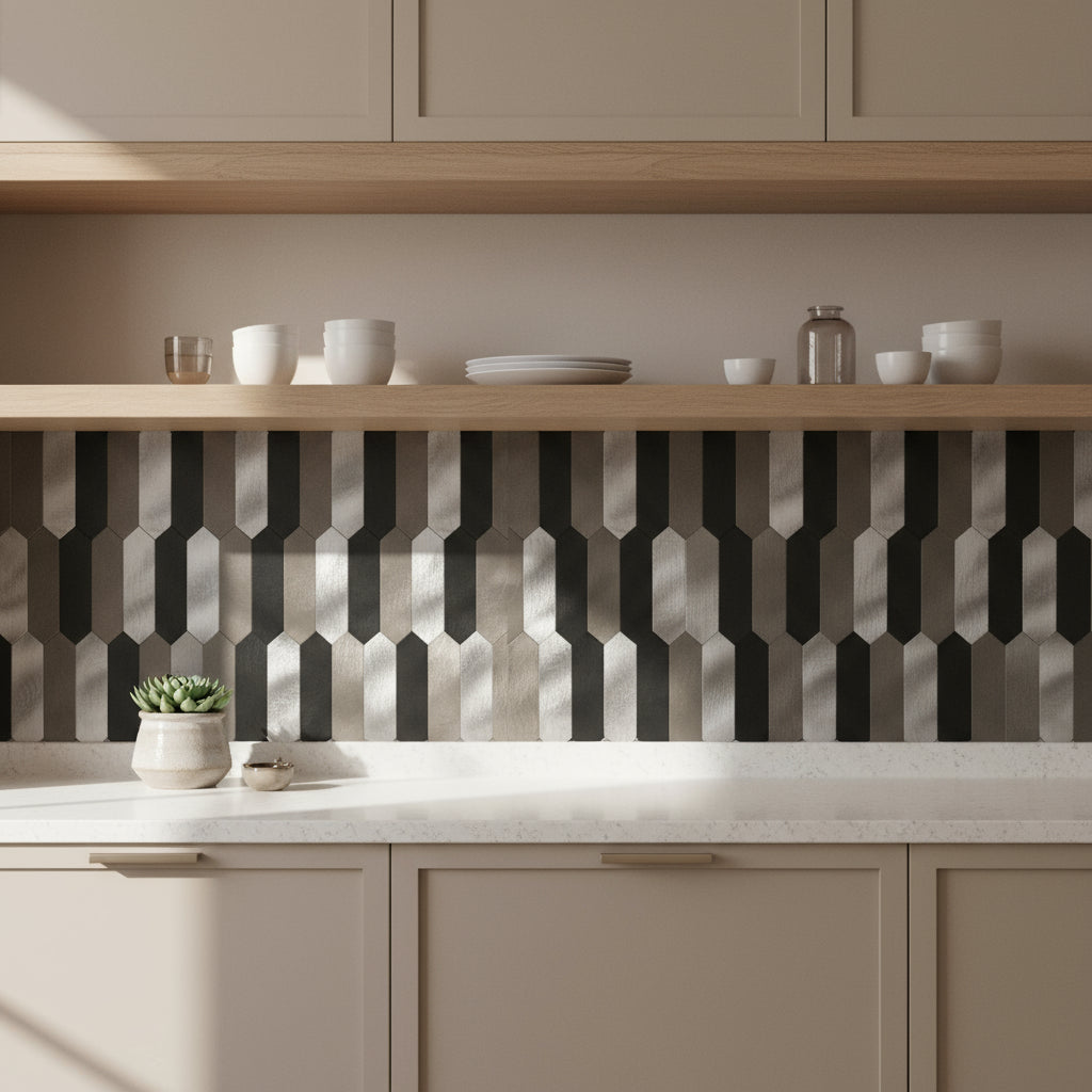 Tanya selvklebende fliser har en spennende kombinasjon av svarte, grå og sølvfargede avlange hexagonformer.