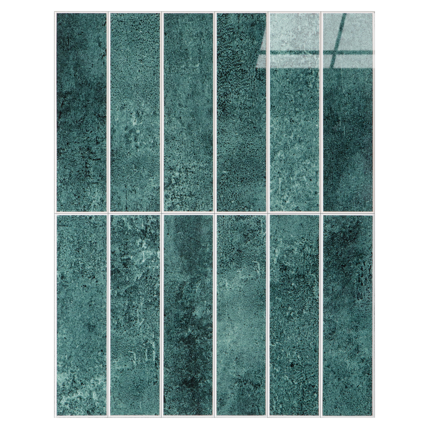 Selvklebende grønne veggfliser med avlange rektangulære ruter og glansfull overflate – moderne fliser til kjøkken og bad.