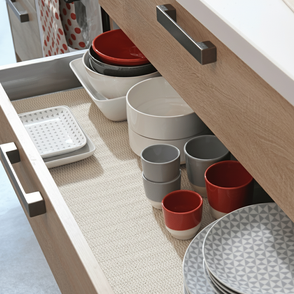 Sklisikker hyllematte i kjøkkenskuff med kopper og kjøkkenutstyr for stabil og trygg oppbevaring.