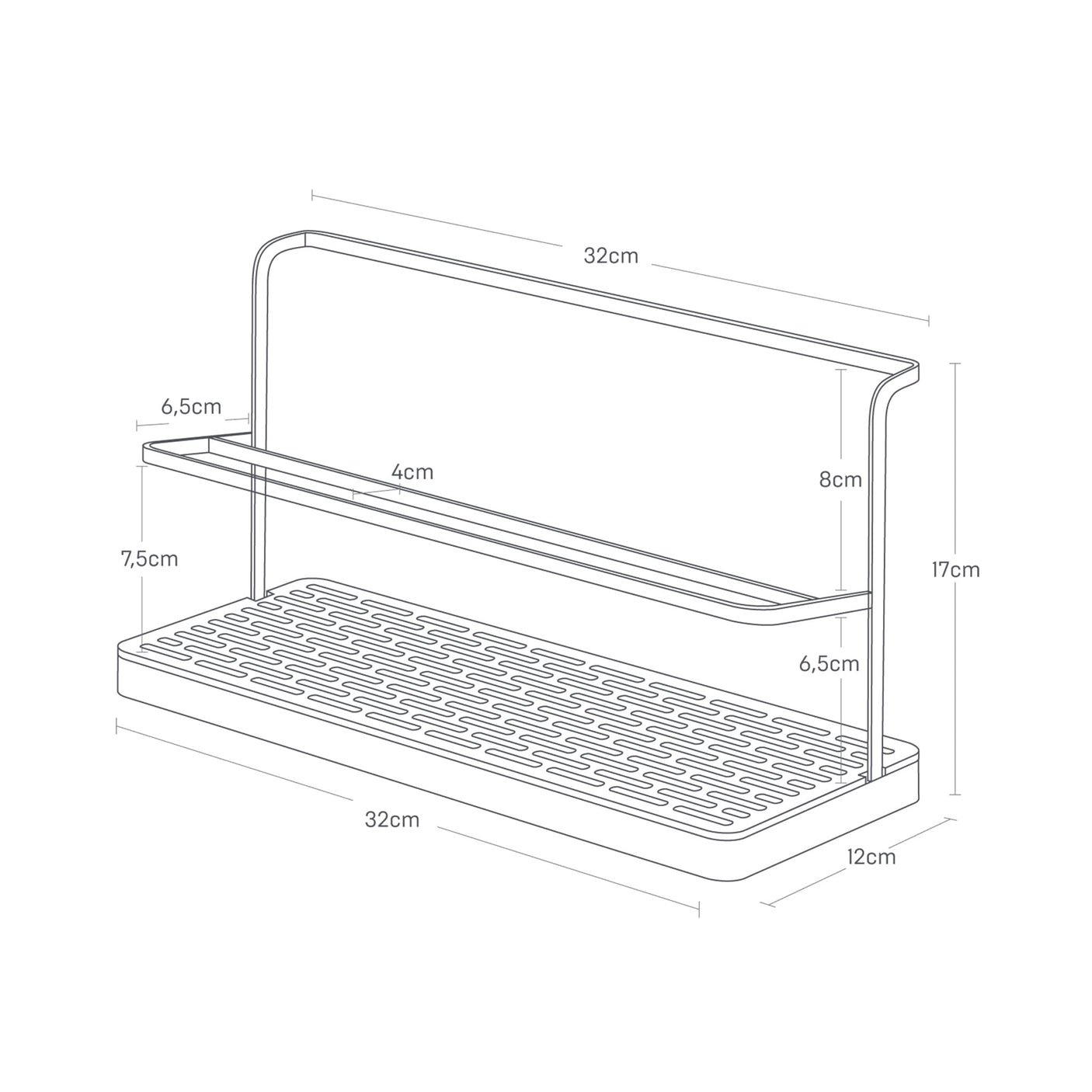 Flaskestativ med dryppbrett og plass til flere drikkeflasker i ulike størrelser