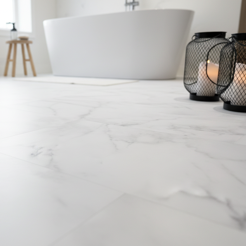 Athena hvit marmor selvklebende fliser på baderomsgulv - alternativ stil
