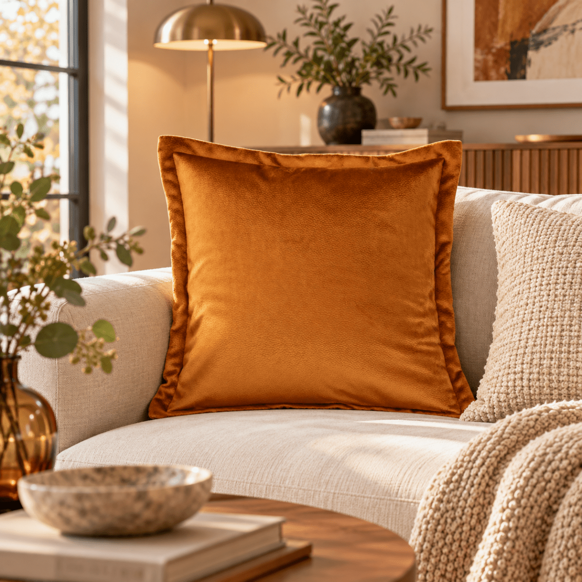 Kamelfarget putetrekk i skinnlook 50 x 50 cm i lys sofa med varm og moderne innredning