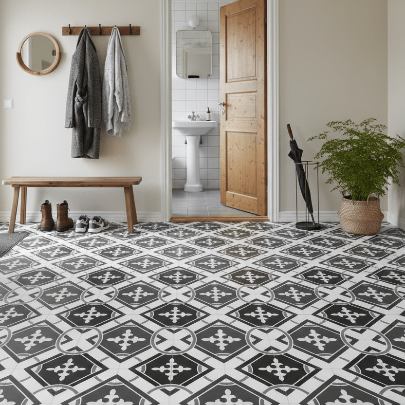 8 - pk Isadora selvklebende fliser sort hvit mønster 40 x 40 cm - Lindas Dekor