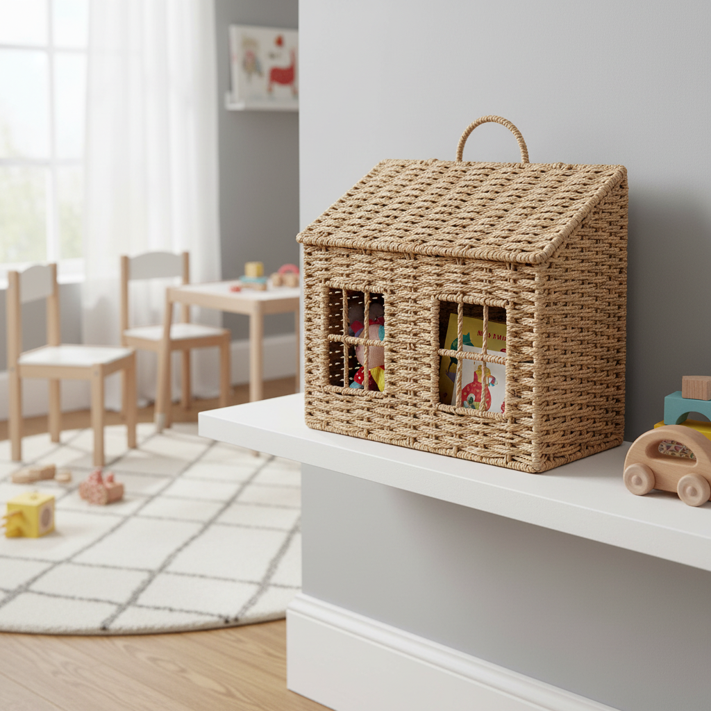 Oppbevaringskurv hus med lokk i flett 35 x 15 x 30 cm - Lindas Dekor Oppbevaringskurv