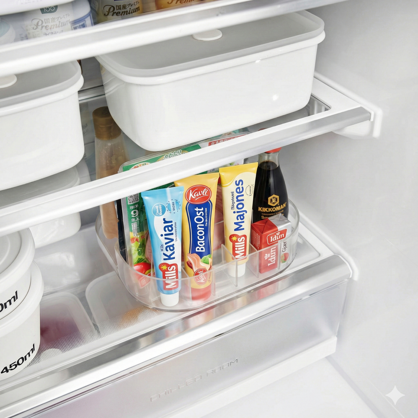 Roterende oppbevaringsbrett i hvit plast med ulike matvarer plassert på.