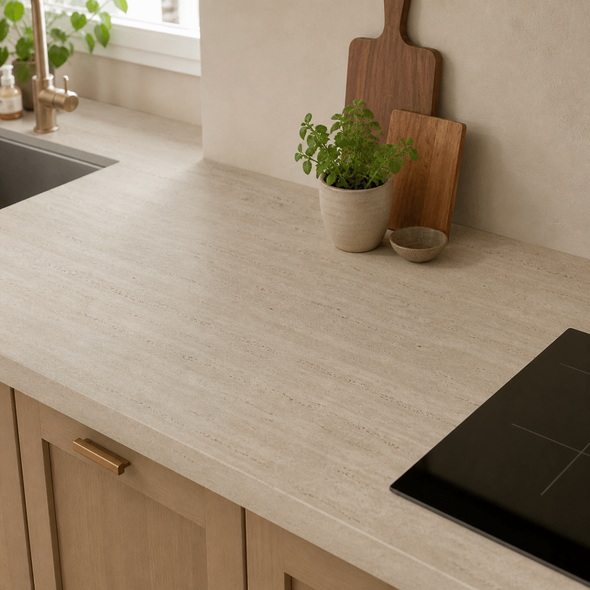 Marmorlook kontaktplast med realistisk kant – perfekt for bord og benkeplater
