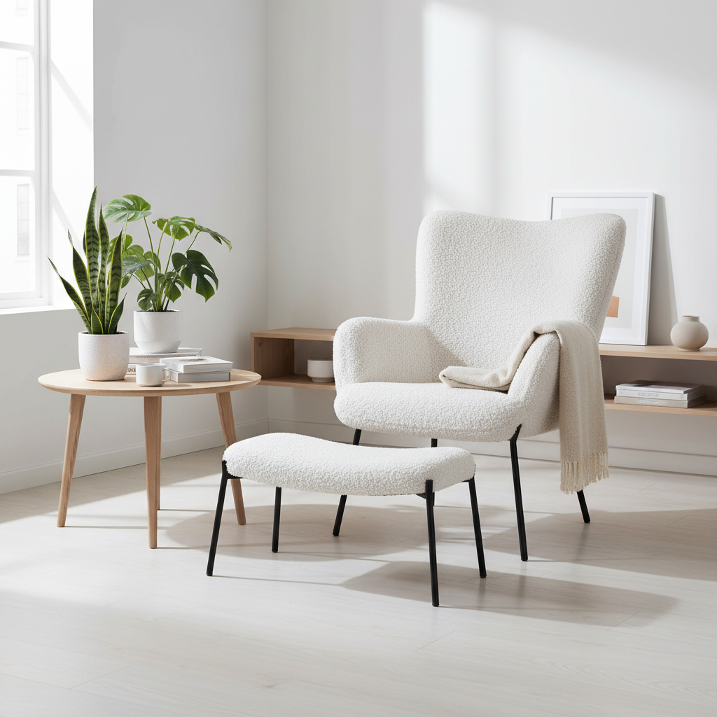 Lenestol med fotskammel i hvit teddy til lese krok eller stue