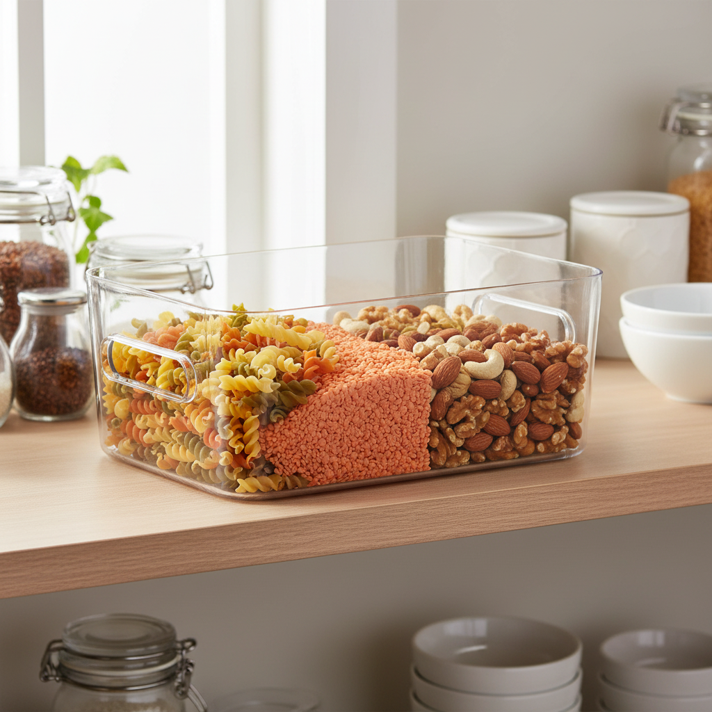 Klar plastboks til organisering i kjøleskap og skap