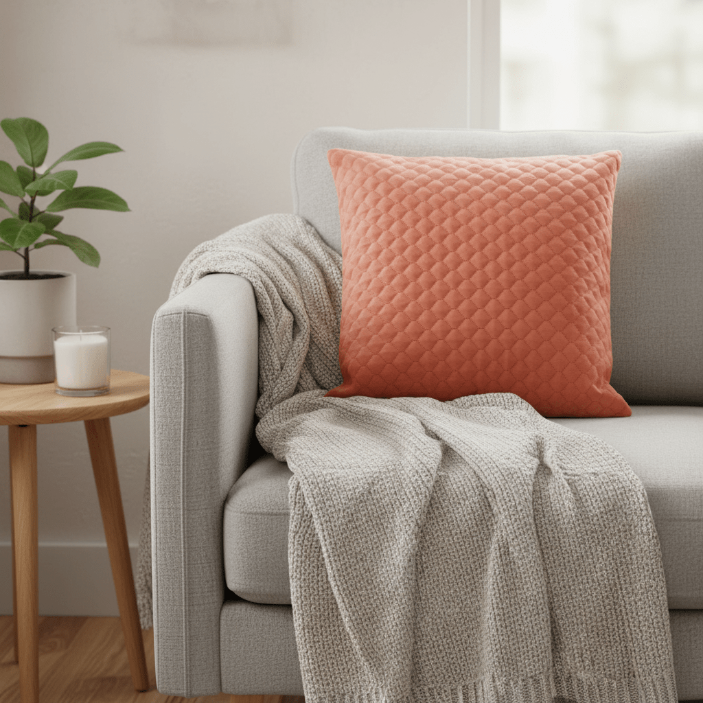 Putetrekk rosa med bikubemønster på sofa