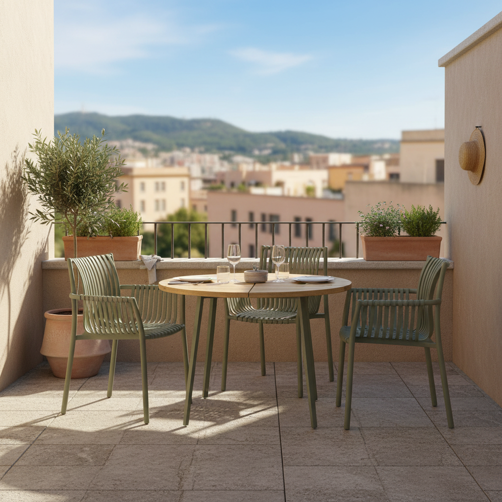 Grønn utestol med armlener brukt rundt spisebord utendørs