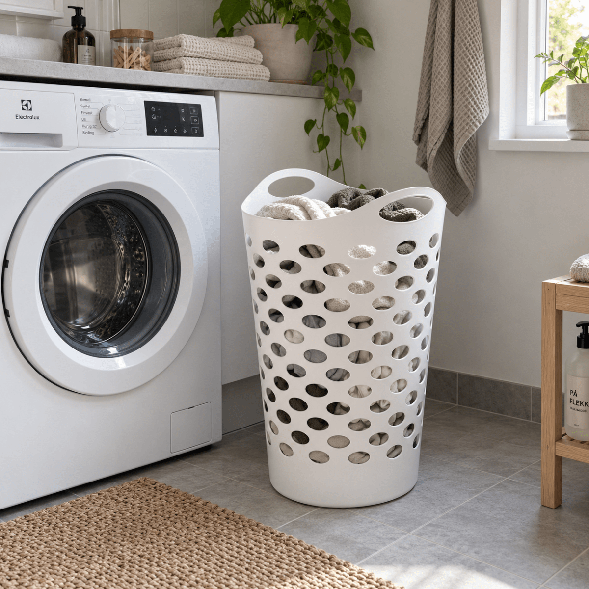 Hvit fleksibel vaskekurv 60 liter, 45 x 66 cm, med håndtak og perforert design ved vaskemaskin.