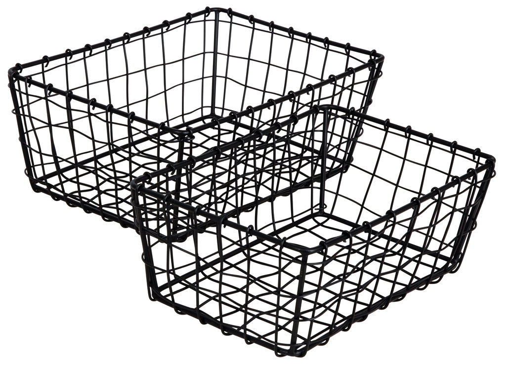 To trådkurver i sort metall, perfekt til oppbevaring av klær.