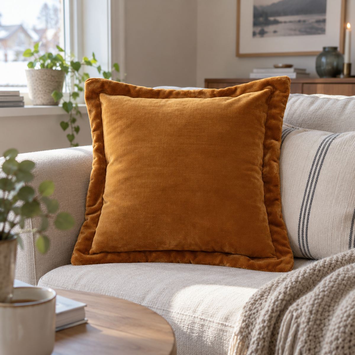 Sennepsgul flanellpute 53 x 53 cm i lys beige sofa i nordisk stue.