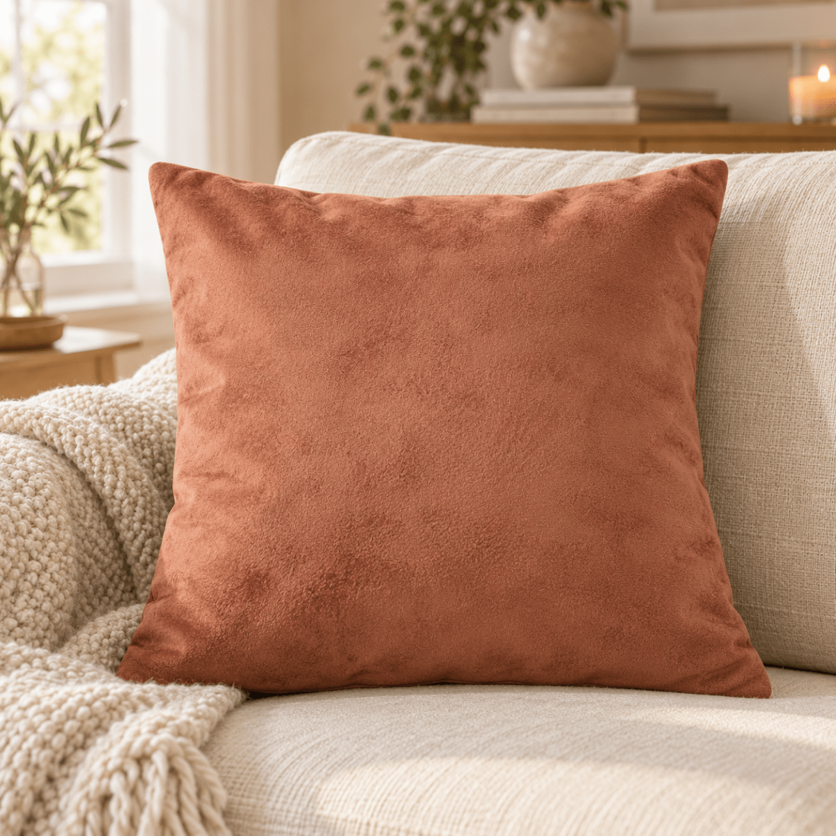 Miljøbilde: Terrakottafarget velurpute 45 x 45 cm i beige sofa i lun og moderne stue.