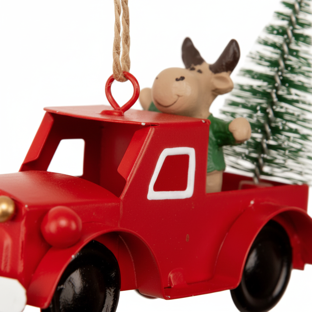 Dekorativ julebil med hengere til juletre og juledekorationer
