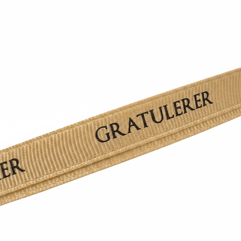Nærbilde av beige grosgrainbånd med sort «Gratulerer»-tekst. - Lindas dekor