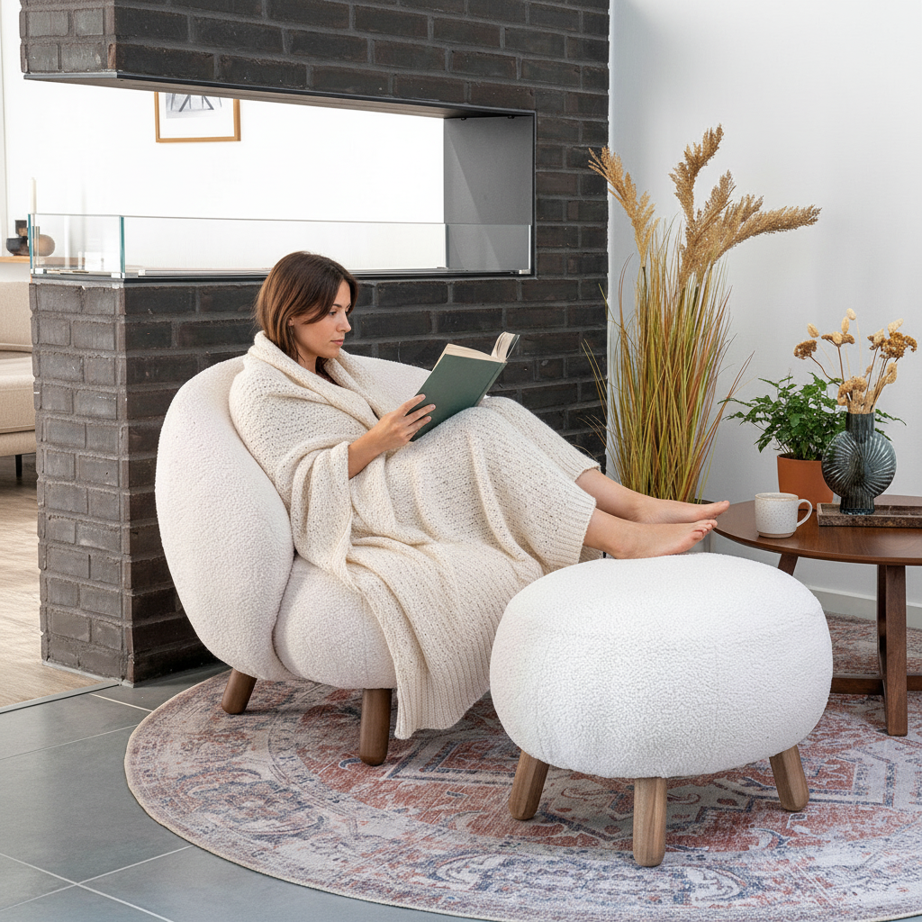 Detaljbilde av teddytekstur på Savona stol og puff