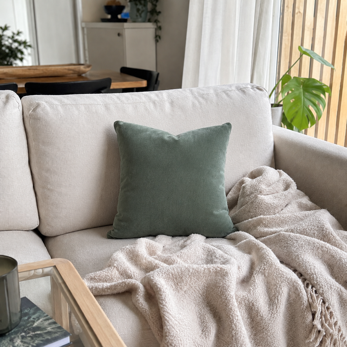 Celadongrønn Ollis flanellpute mot beige sofa