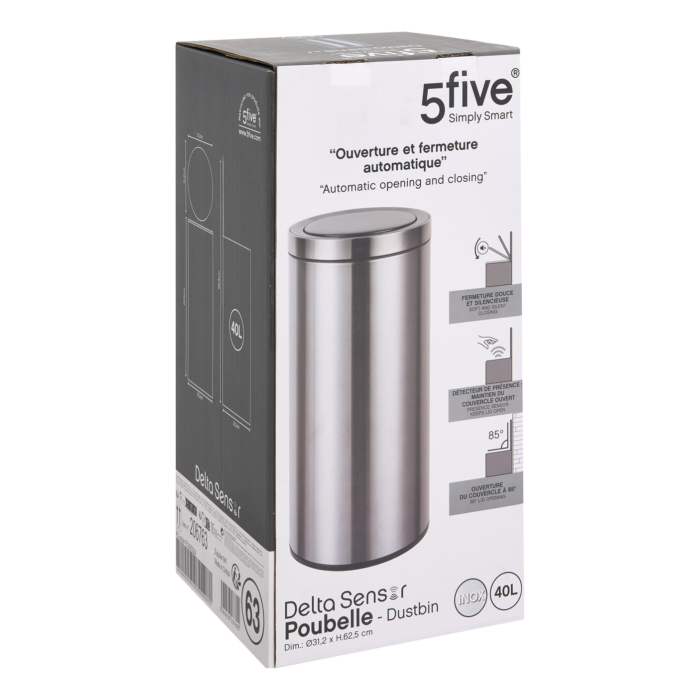 Svart 40-liters sensorsoptønn från 5Five Simply Smart, visad i originalförpackningen.