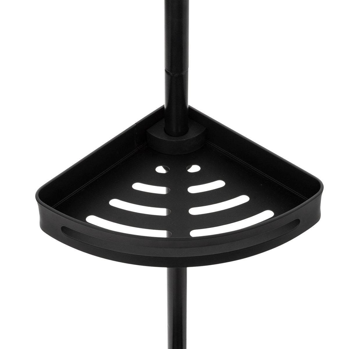 Närbild av den svart triangulära hörnhyllan med dreneringsåpningar.