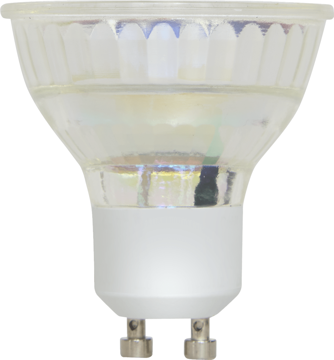 GU10 LED pære 4,5 W med glassreflektor og sokkel, vist fra siden på hvit bakgrunn