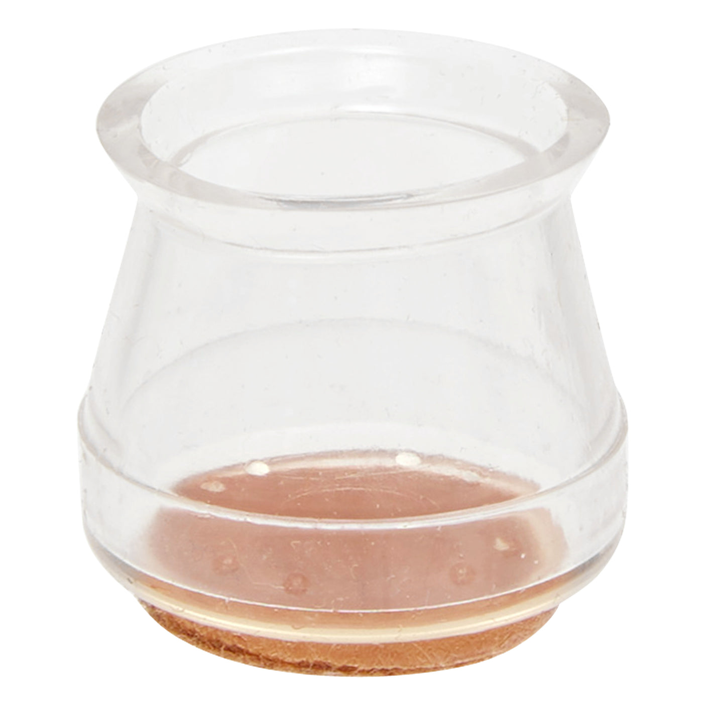 Nærbilde av transparent stolbenbeskytter med brun filtsåle for runde stolben.