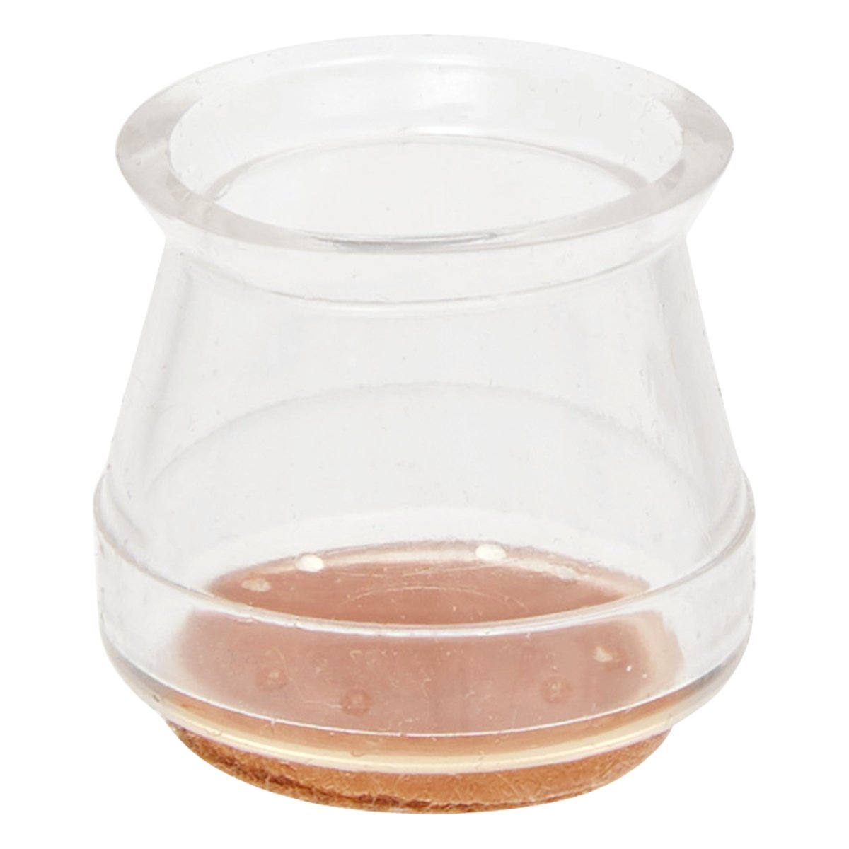 Nærbilde av transparent stolbenbeskytter med brun filtsåle for runde stolben.