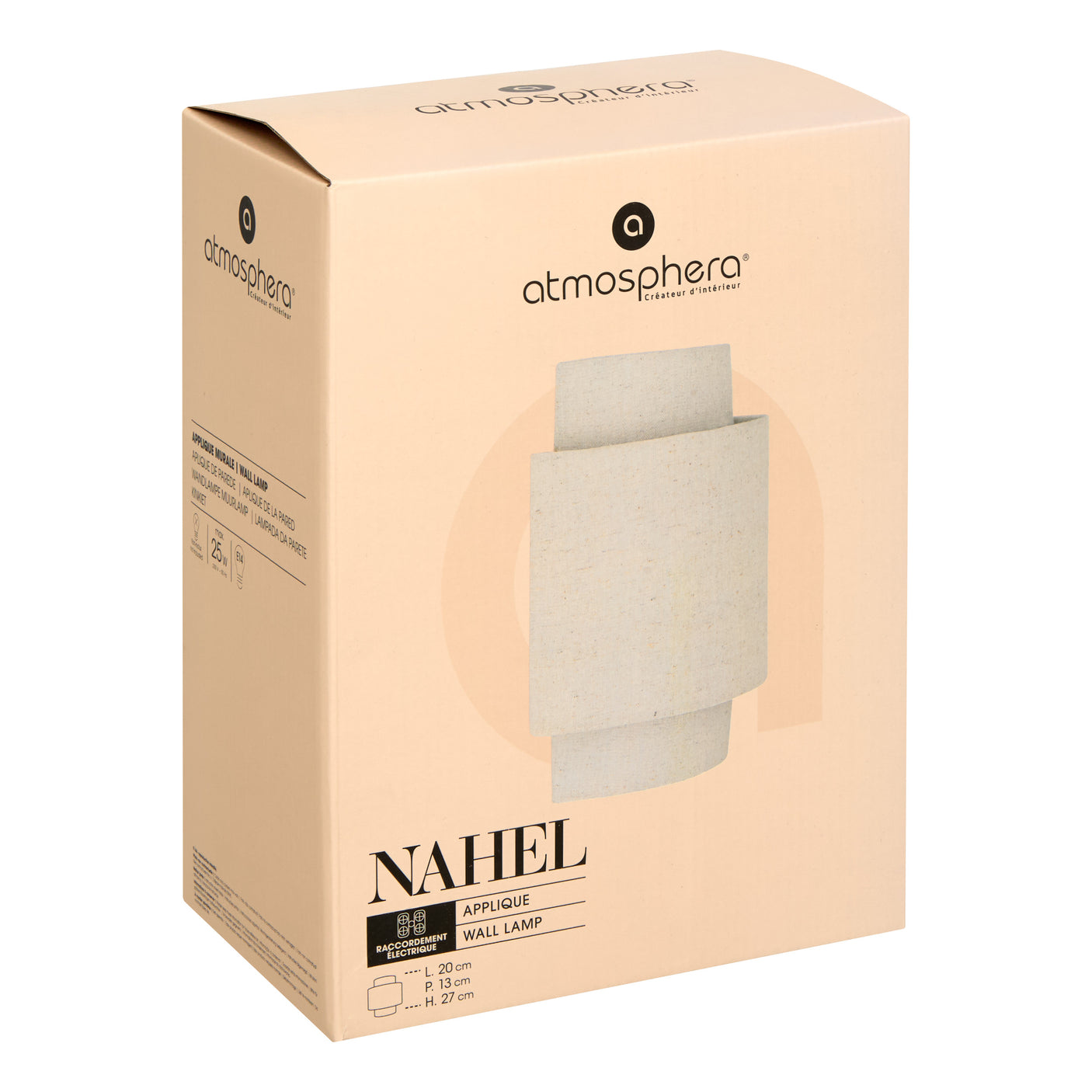 Vegglampe Nahel i beige lin 27 cm – emballasje 1