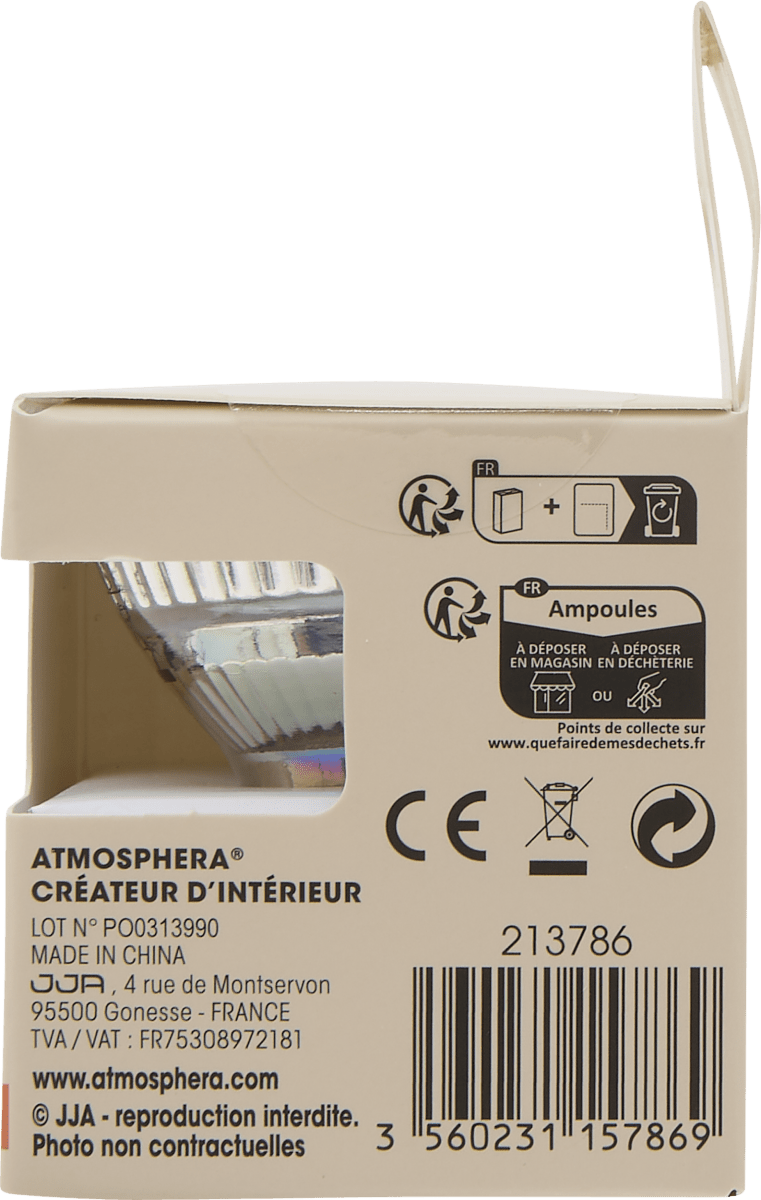 Bakside av emballasje til GU10 LED pære 4,5 W med tekniske spesifikasjoner og symboler