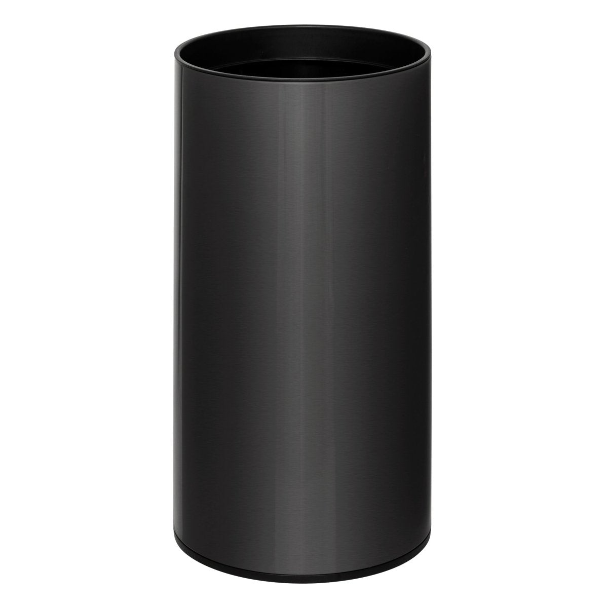 Svart sensorburk 40 liter, visad från sidan, med cylindrisk design i rostfritt stål.