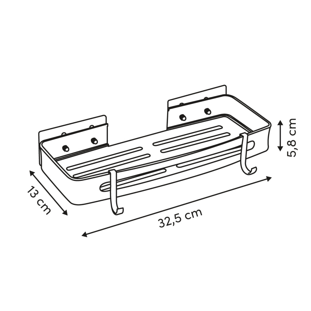 Måletegning af sort duschhylde med en længde på 32,5 cm, en dybde på 13 cm og en højde på 5,8 cm til montering med klæbepute.