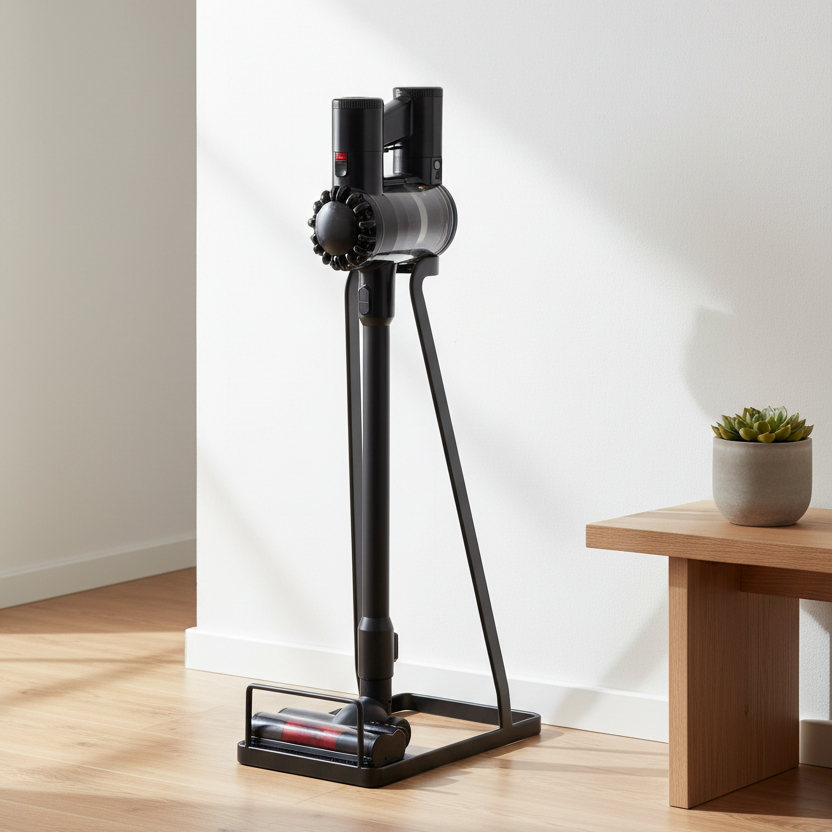 Svart gulvstativ for oppbevaring av skaftstøvsuger i hjemmet