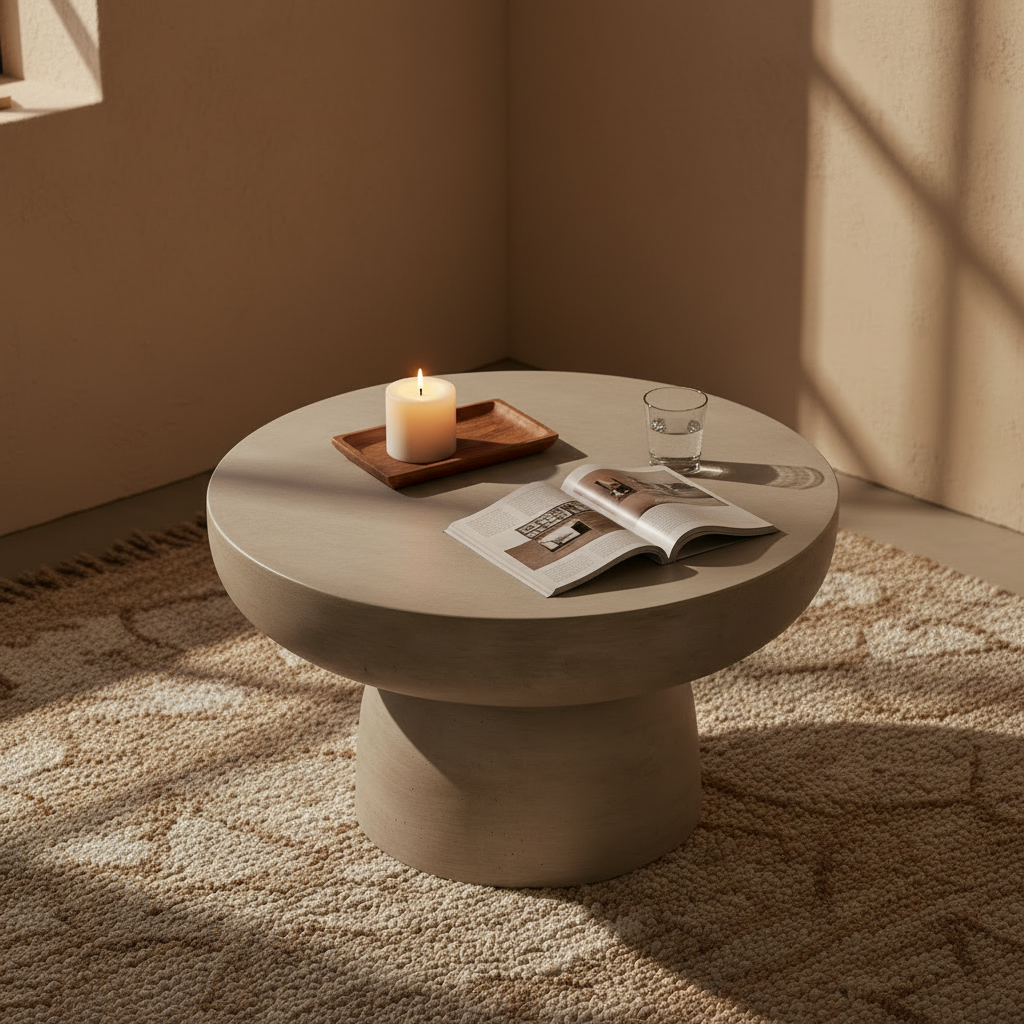 Bonnet bord i terrazzo look plassert ved loungestol på terrasse