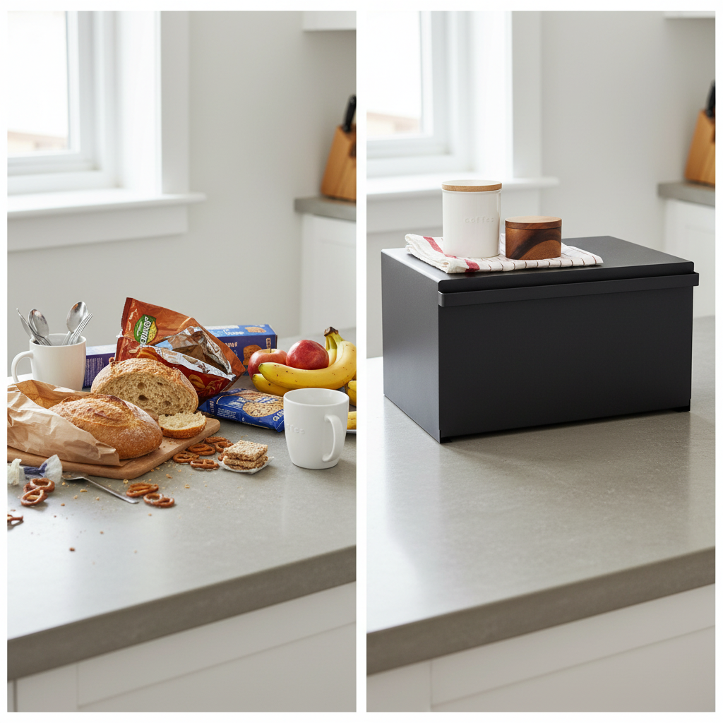 Brødboks i sort stål med plass til brød, rundstykker og tørrvarer