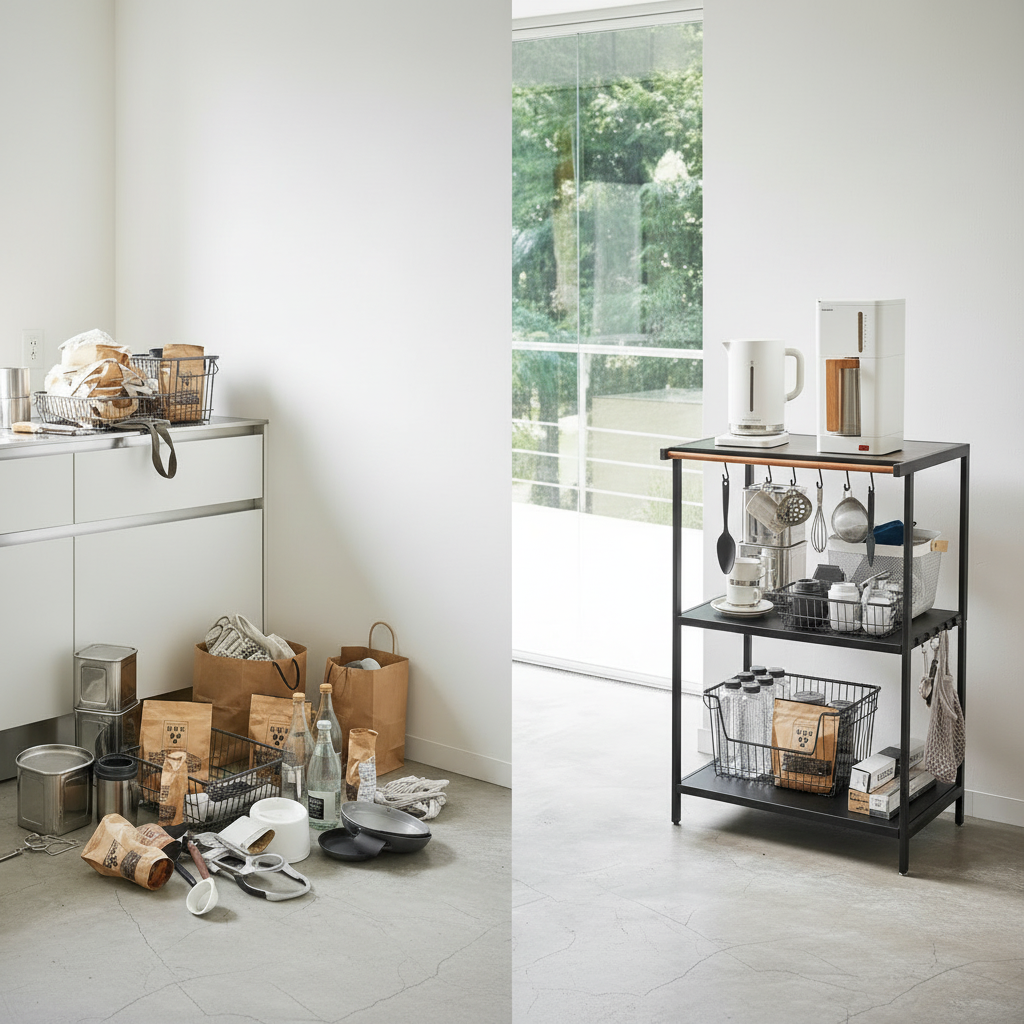 Oppbevaringshylle med kroker brukt til smartere organisering av kjøkkenbenk