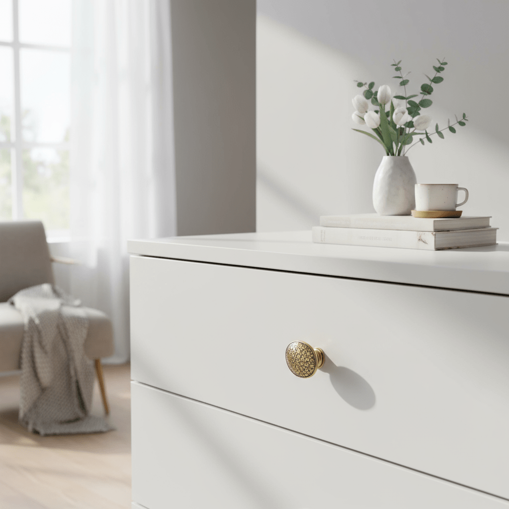 Detaljbilde av bronsefarget knott med mønster på lys overflate