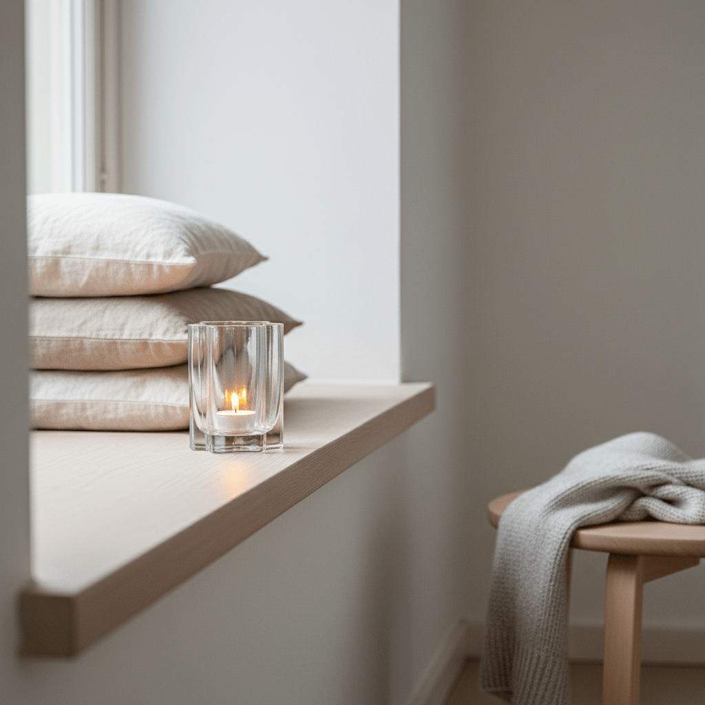 Klar lyslykt i rillet glass på hylle med tekstiler og dekor i lyst nordisk interiør.