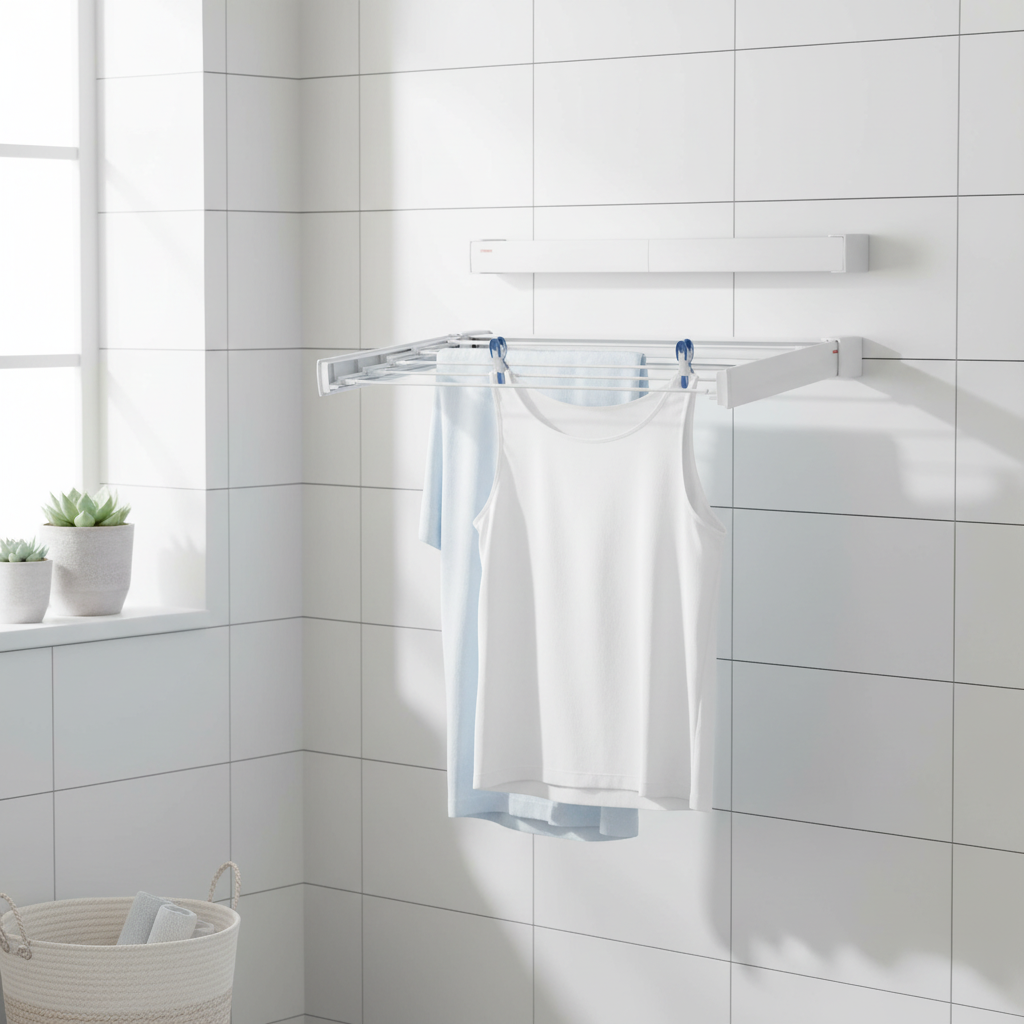 veggmontert tørkestativ Leifheit Telegant 30 Protect i hvit utførelse