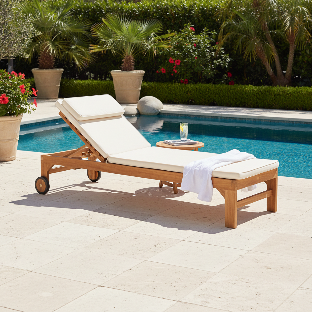 Andorra solseng i teak med hvit pute plassert på terrasse