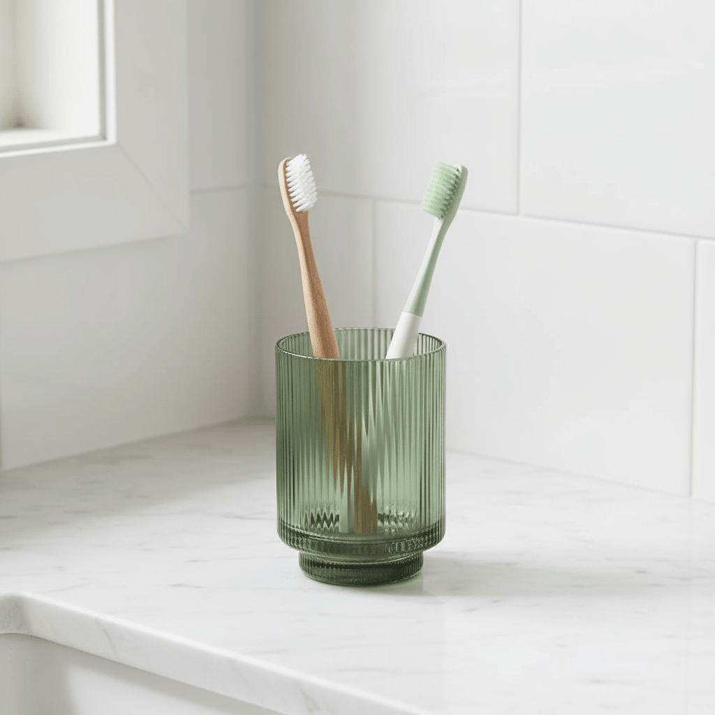 Närbild av vertikala riller i grönt glas