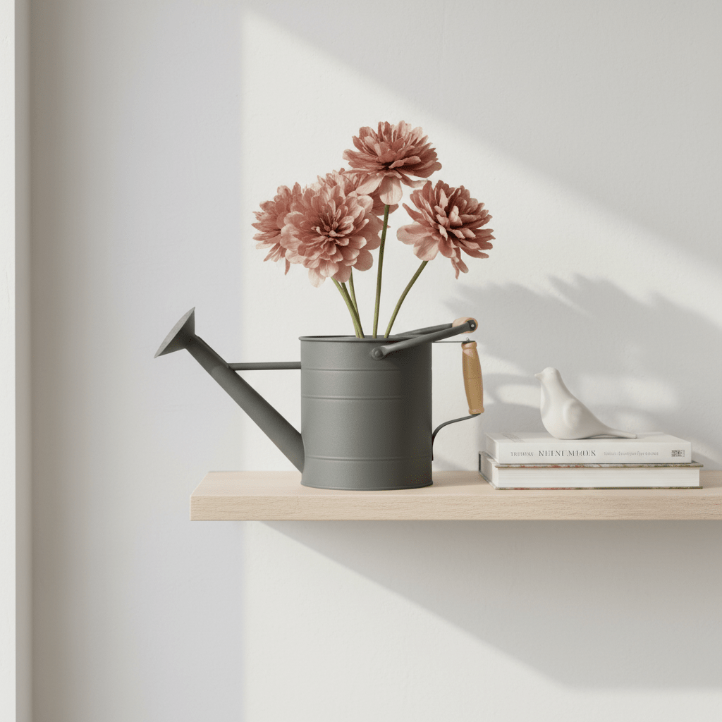 Mørk grå pyntevannkanne brukt som vase med tørkede blomster på en lys vegghylle i et moderne hjem. - Lindas dekor