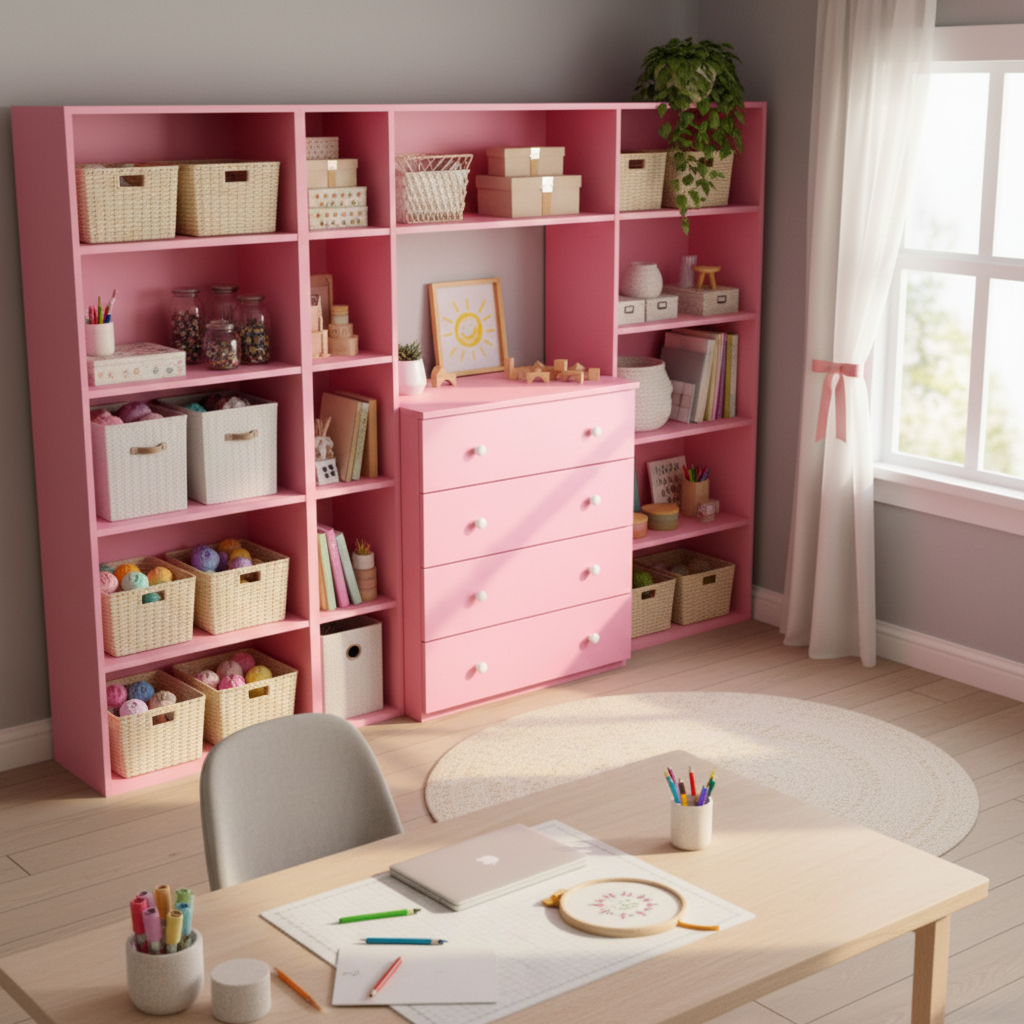 Rosa kontaktplast til bokhylle og oppbevaring – perfekt for kreativt barnerom