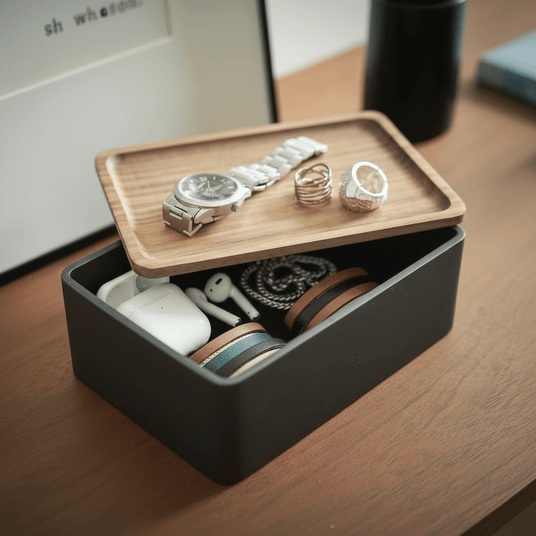 Åpen boks med AirPods, armbånd og klokke på trelokket